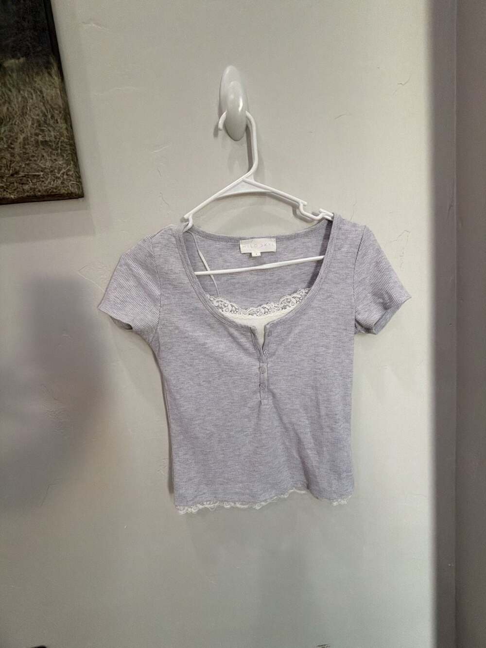 Wild Skye Gray Ribbed Lace-Trim Layered Look Henley T-Shirt